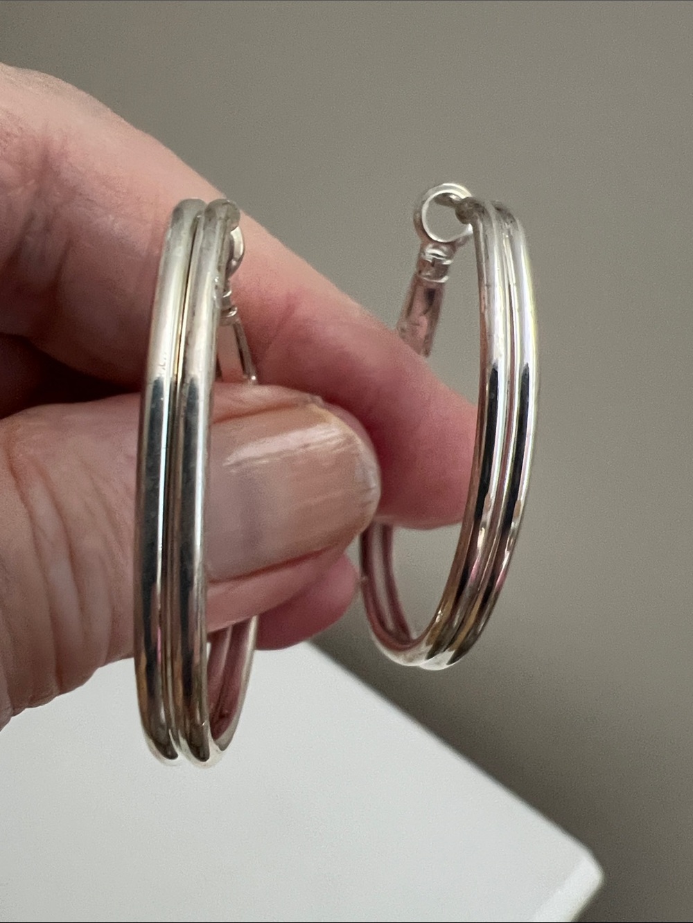 Polished Silver Tone Double-Row Hoop Earrings - Vintage